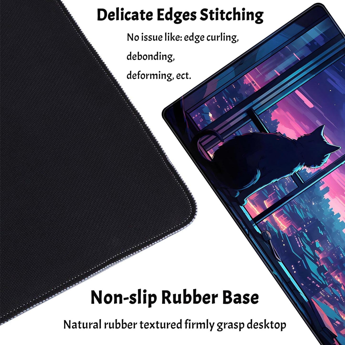 Cool Purple Kawaii Anime Moom Cat Desk Mat XXL Large Gaming Mouse Pad, Cute City Cats Desk Pad for Gamer Girl Women Office Desk Decor Mousepad, Computer Laptop Keyboard and Mouse Mat 31.5x15.75 in