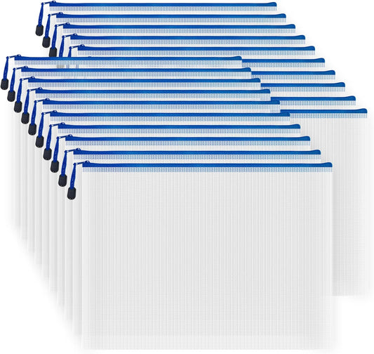 AUSTARK 20 Pcs Zipper File Bags, Plastic Mesh Pouch, Board Game Storage Bag, Waterproof Bags for Office School (B4 Size 15''x11'', White and Blue)