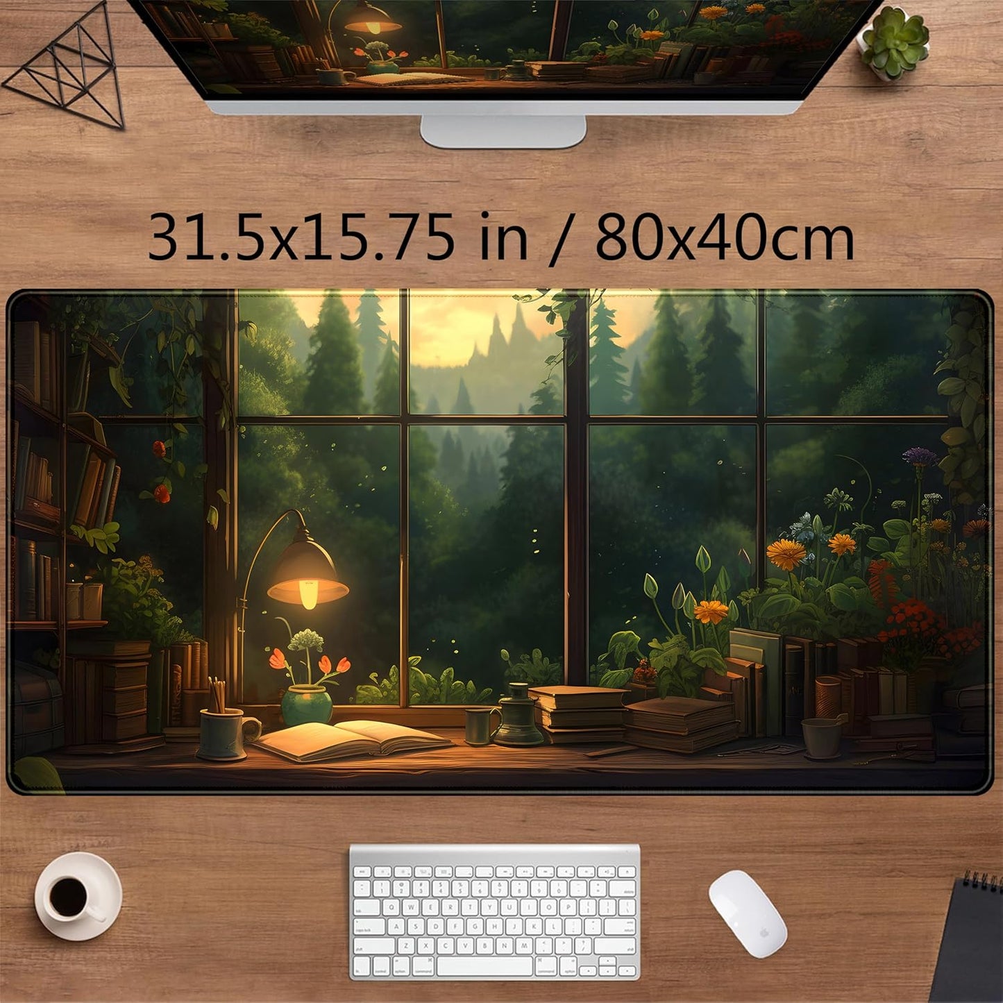 Anime Dark Green Plants Desk Mat Cute XXL Large Extended Mouse Pad Gaming, Lofi Aesthetic Computer Laptop Keyboard and Mouse Mat, Desk Accessories for Women Office Decor Mousepad, 31.5x15.75 in