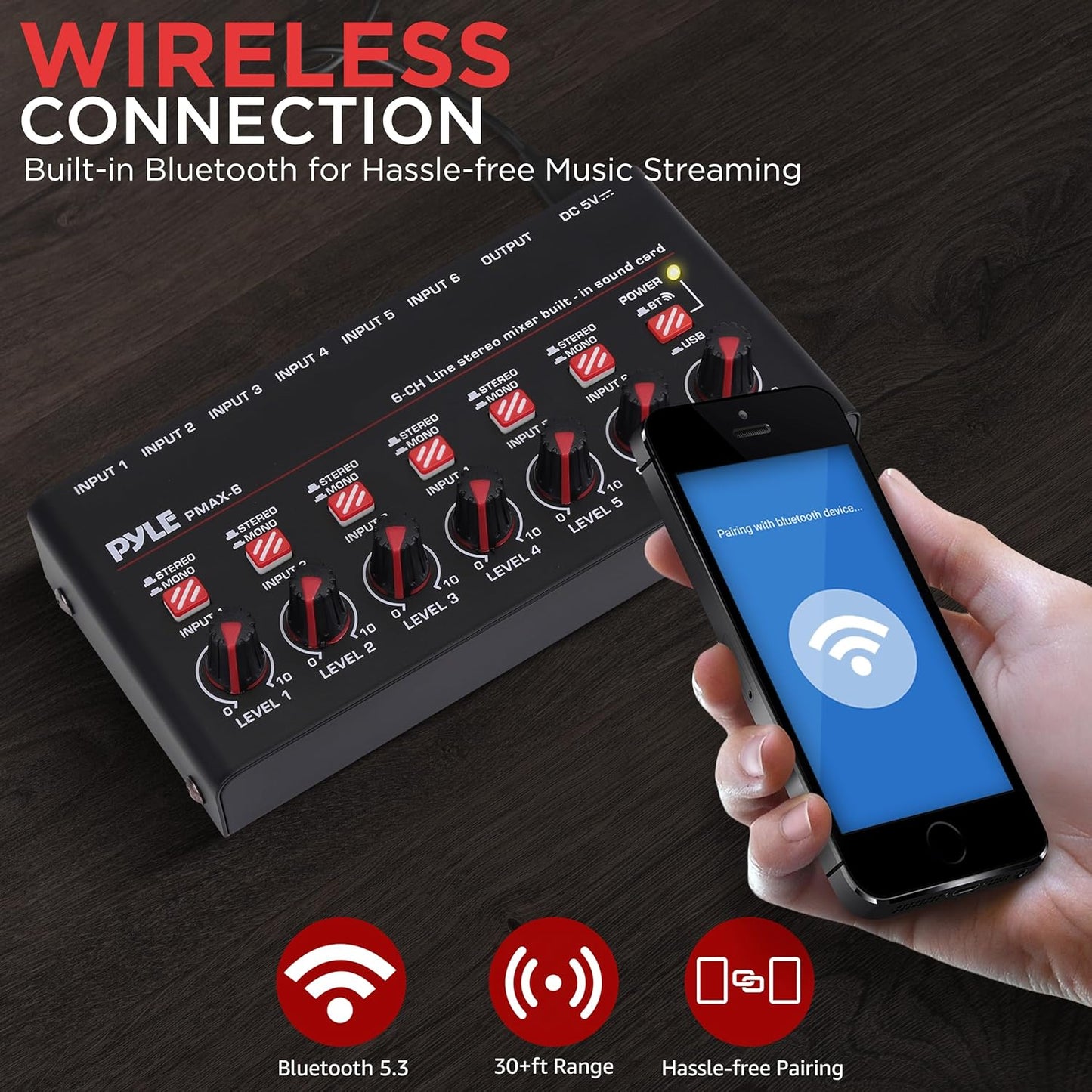 Pyle 6-Channel Wireless BT Streaming Mini Line Mixer with USB Audio Interface - 6 Mono/Stereo Switching Inputs | Ultra-low Noise Design with High Headroom | Built-in USB Sound Card - PMAX6