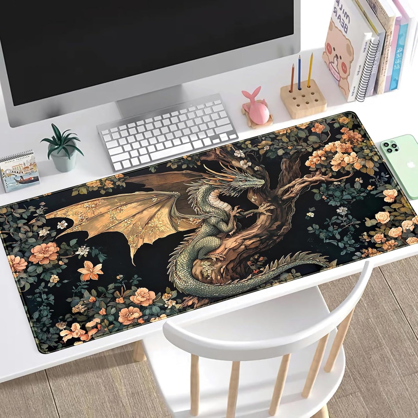 Desk Mat Cute Enchanted Forest Dragon Kawaii Mouse Pad XXL Large Extended Vintage Academia Anime Desk Pad, Cozy Computer Playmat Laptop Keyboard and Mouse Mat with Stitched Edges, 31.5x15.7 in