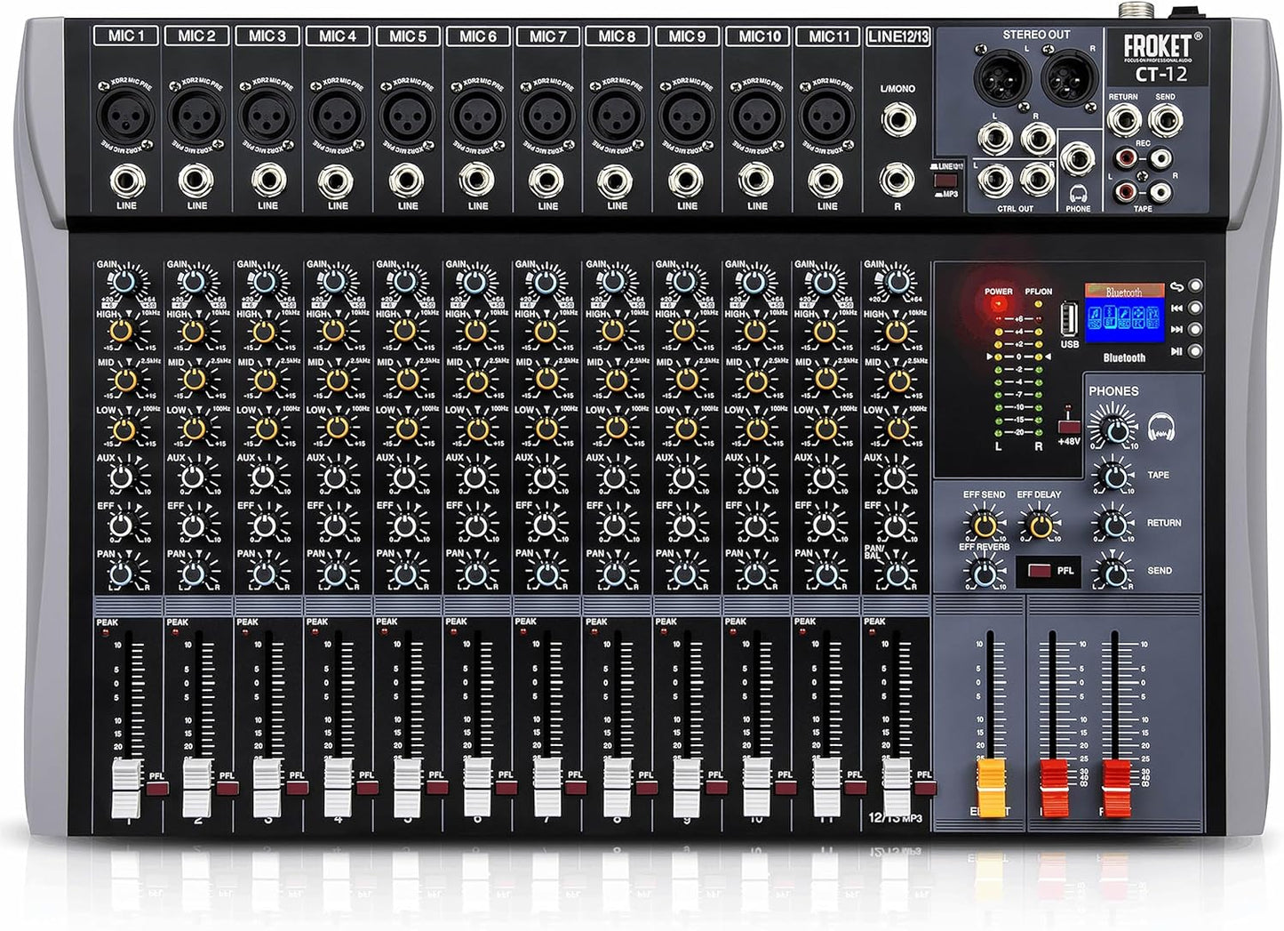 Pro DJ Mixer 12-Channel Audio Console - Bluetooth/USB Streaming, 48V Phantom Power, 3-Band EQ for Live Stage, Recording Studio & Karaoke Systems (CT-12)