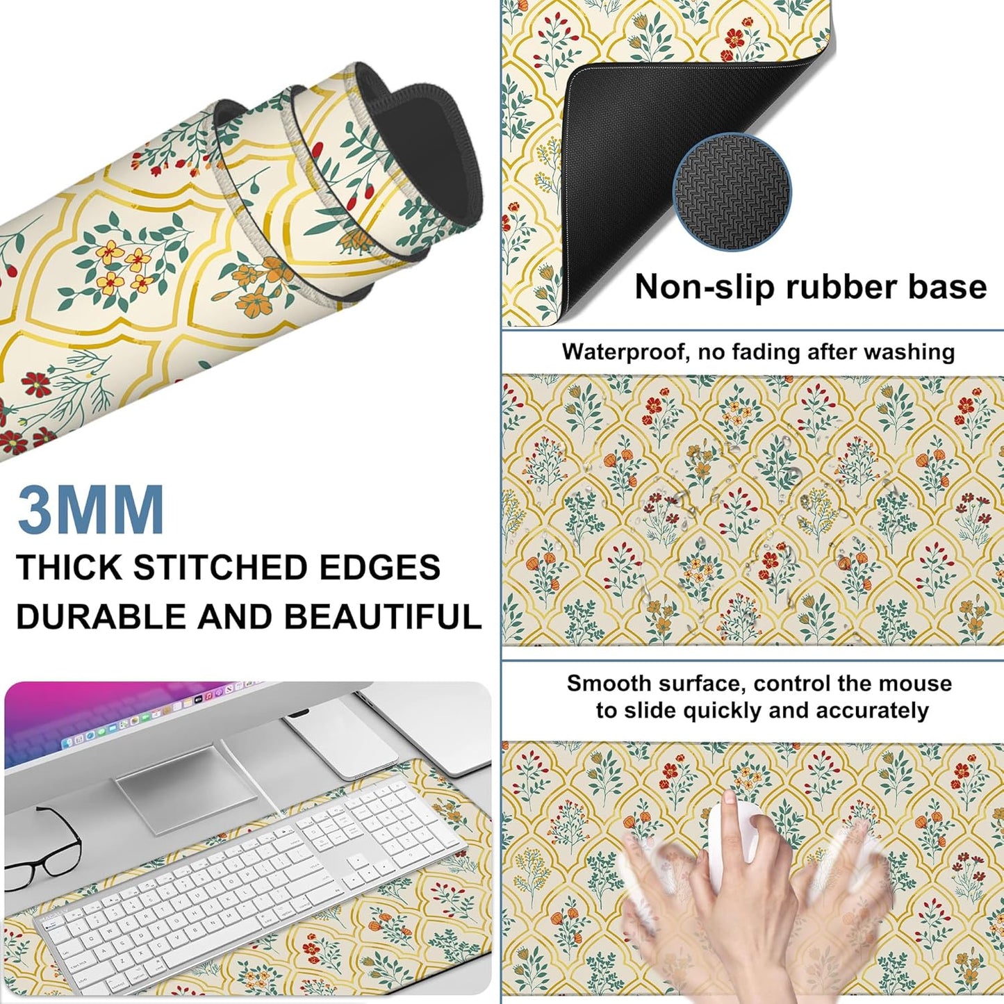Large Mouse Pad Decorative Floral Gaming Desk Pad Computer Keyboard Non-Slip Waterproof Mouse Mat with Rubber Base and Stitched Edges Entertainment Office Writing Desk Mat 35.4 x 15.7 Inches