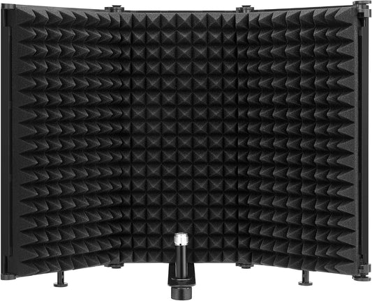 Moukey Microphone Isolation Shield, Foldable Mic Shield with Triple Sound Insulation, Reflection Filter with 3/8" and 5/8" Mic Threaded Mount for Recording Studio, Podcasts, Singing, and Broadcasting
