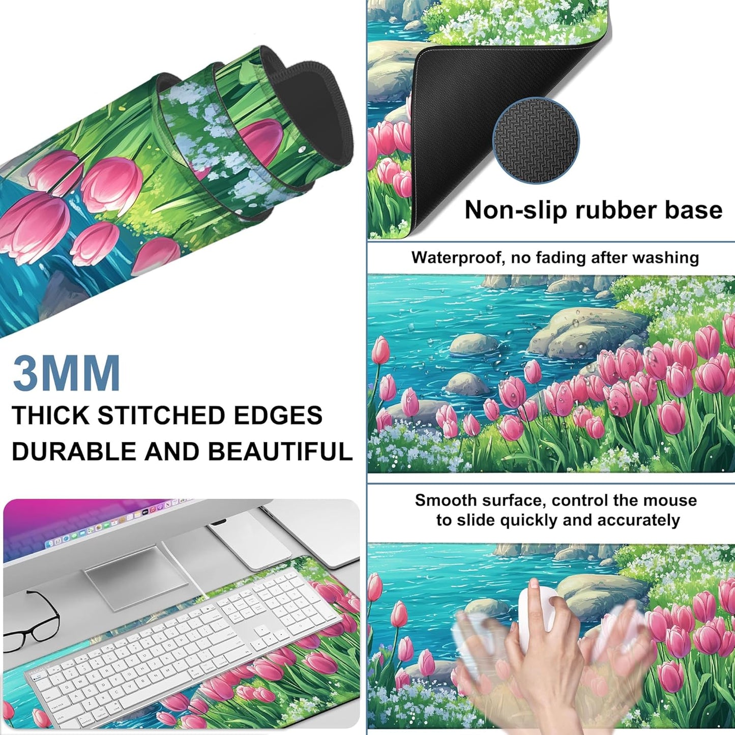 Large Mouse Pad Blooming Tulips Gaming Desk Pad Computer Keyboard Non-Slip Waterproof Mouse Mat with Rubber Base and Stitched Edges Entertainment Office Writing Desk Mat 35.4 x 15.7 Inches
