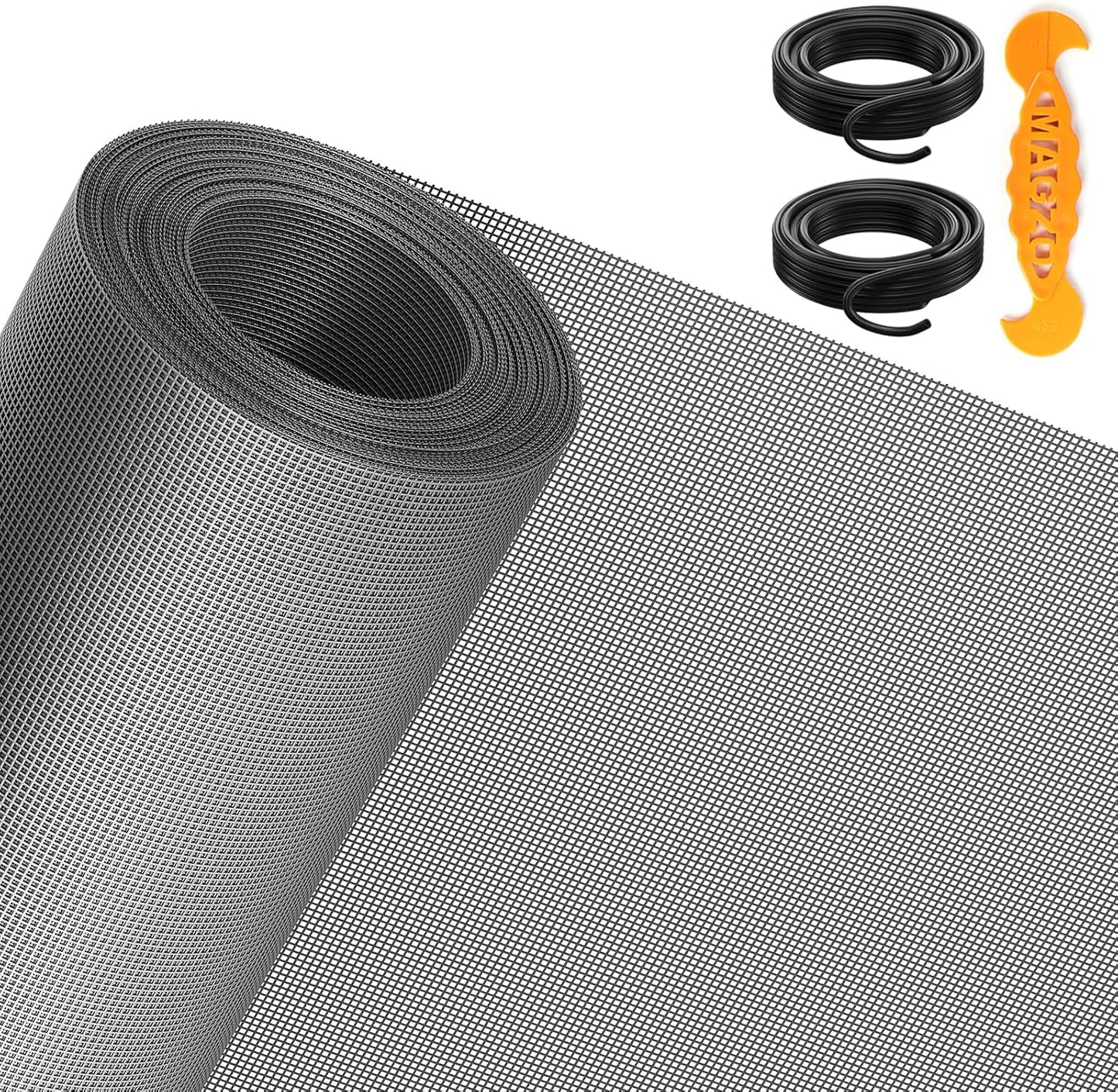 MAGZO Window&Door Screen Replacement Kit, 86" W x 196" L, with Retainer Spline(Total 65.6 FT) and Press-Fit Roller Tool, Polyester Scratch-Proof, Adjustable Mesh for Windows&Doors&DIY Projects, Grey
