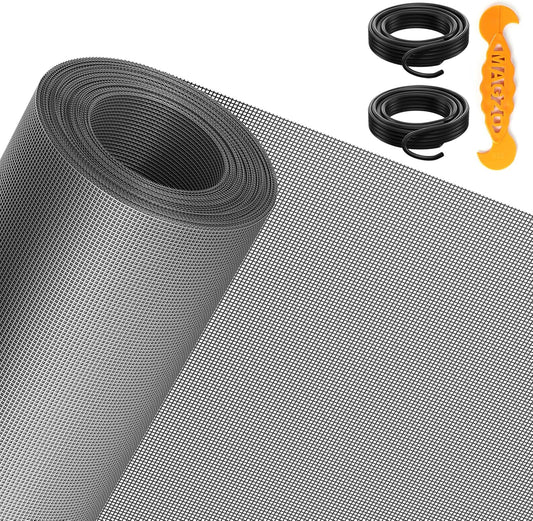 MAGZO Window&Door Screen Replacement Kit, 86" W x 196" L, with Retainer Spline(Total 65.6 FT) and Press-Fit Roller Tool, Polyester Scratch-Proof, Adjustable Mesh for Windows&Doors&DIY Projects, Grey
