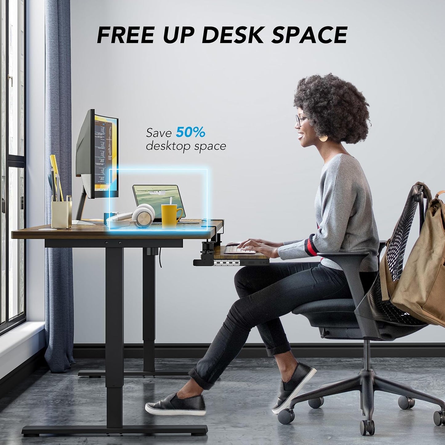 AX WABER Keyboard Tray Under Desk Pull Out with Extra Sturdy C Clamp Mount System, 27.3 (32.5 inch Including Clamps) x 11 Inch Slide-Out Platform Computer Drawer for Typing Vintage AX01WG02