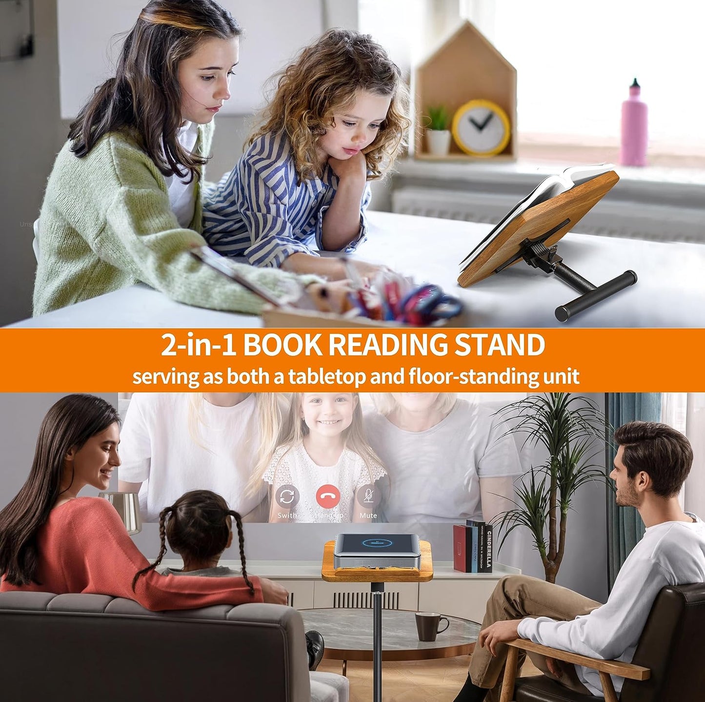 NAMON 2-in-1 Dual-use Floor & Desktop Book Stand, 100% Solid Wood, Height Adjustable from 16.5" to 51", Floor Reading Stand with Page Clip for Cookbooks, Sheet Music, Projector (with a T-Shaped)