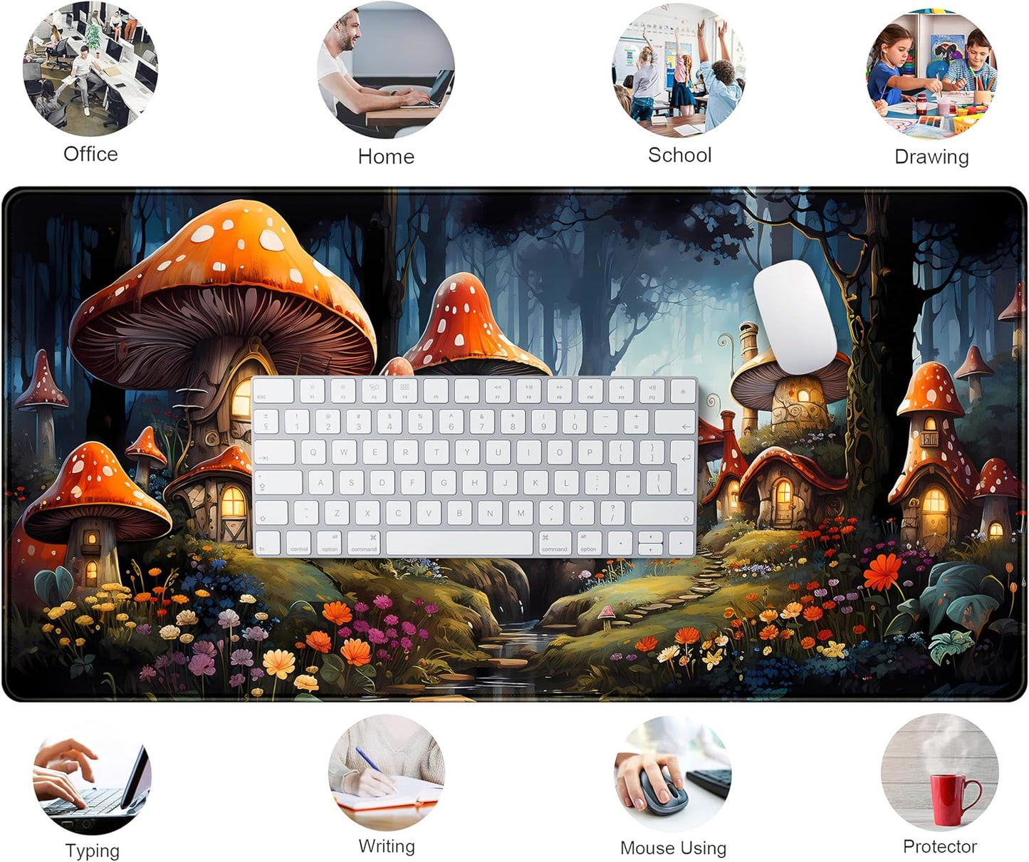 Cute Anime Mushroom Desk Pad Floral Desk Mat, XXL Large Extended Mousepad Gaming Mouse Pad Computer Mat with Stitched Edges, Fantasy Office Decor Laptop Keyboard and Mouse Mat, 31.5x15.75 in
