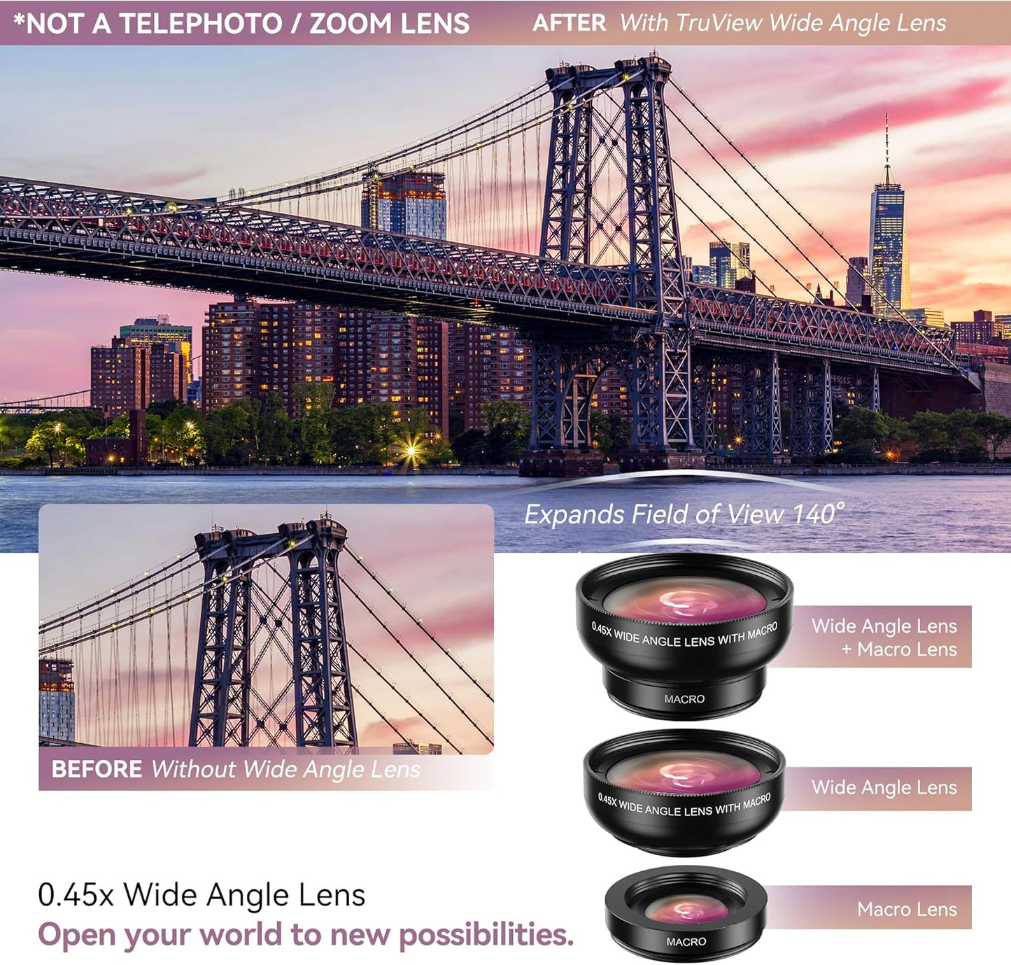 MIAO LAB 2-in-1 Phone Camera Lens Kit, 12.5X Macro + 0.45X Wide Angle (140°) Cell Phone Clip-on Lens for iPhone/Android, Includes Travel Bag