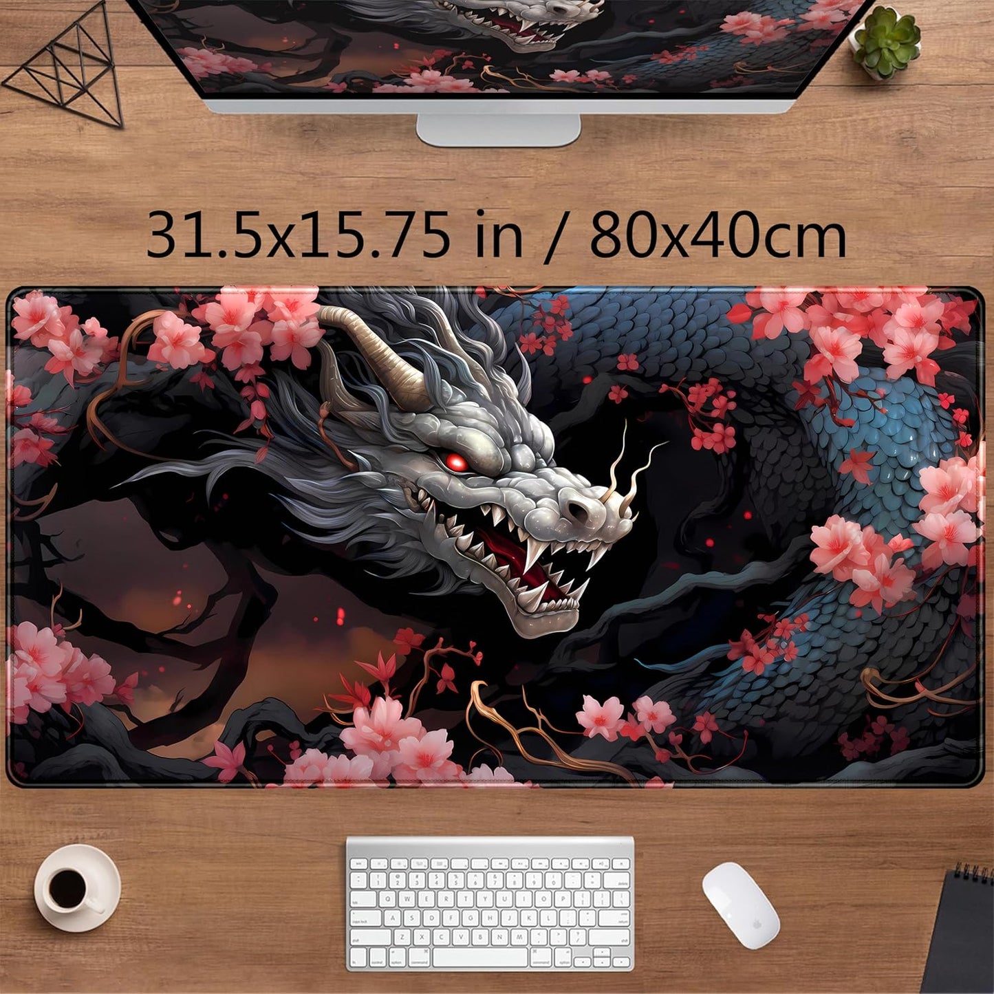 Cute Sakura Dragon Gaming Mouse Pad Kawaii XXL Large Extended Anime Desk Mat, Non-Slip Rubber Base Mousepad, Office Decor Desk Pad, Cool Keyboard and Mouse Mat with Stitched Edges, 31.5x15.75 in