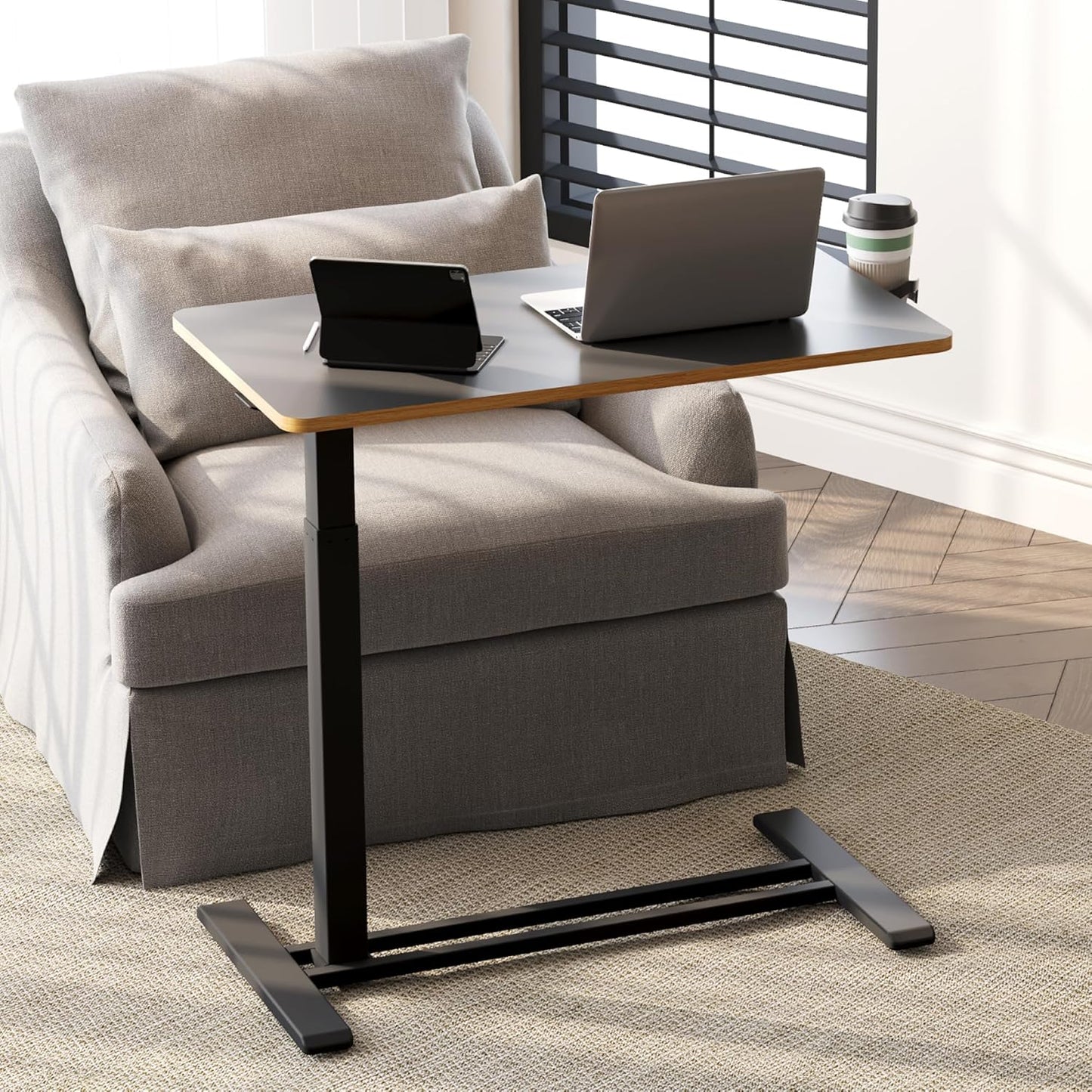 SANODESK Medical Adjustable Overbed Bedside Table with Hidden Casters, Pneumatic Mobile Laptop Computer Standing Desk Cart with Tray, Hospital and Home Use(31.5" W x 17.7" D, Black)