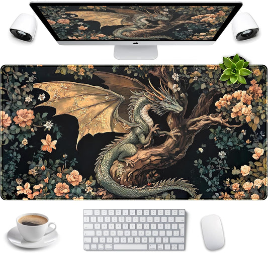 Desk Mat Cute Enchanted Forest Dragon Kawaii Mouse Pad XXL Large Extended Vintage Academia Anime Desk Pad, Cozy Computer Playmat Laptop Keyboard and Mouse Mat with Stitched Edges, 31.5x15.7 in