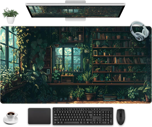Green Plant Desk Pad Gaming Pad Extra Large Desk Mats Full Desk Mouse Pad XXL, Desktop Mat Computer Laptop Keyboard Pads, Office Home Decor Table Pad Cute Desk Accessories 31.5" x 15.7"