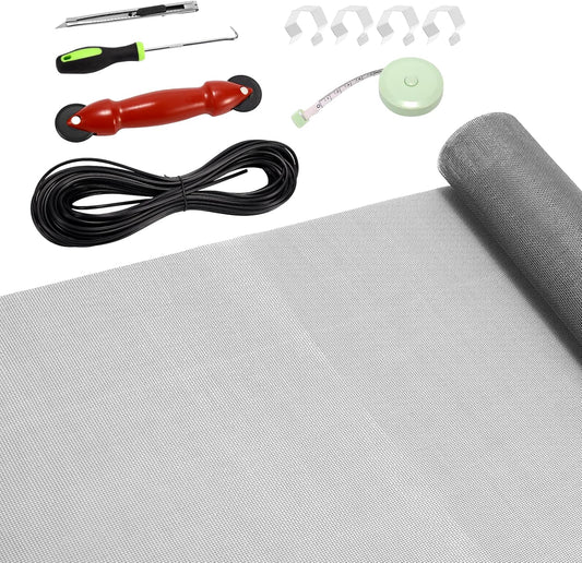 FLYZZZ Window Screen Door Repair Kit, 48"x118" Fiberglass Mesh Replacement with Roller Tool/Hook/Spline/Cutter/Clips/Ruler, 7-in-1 Sliding Patio Door & Screen Door Repair Kit, Gray