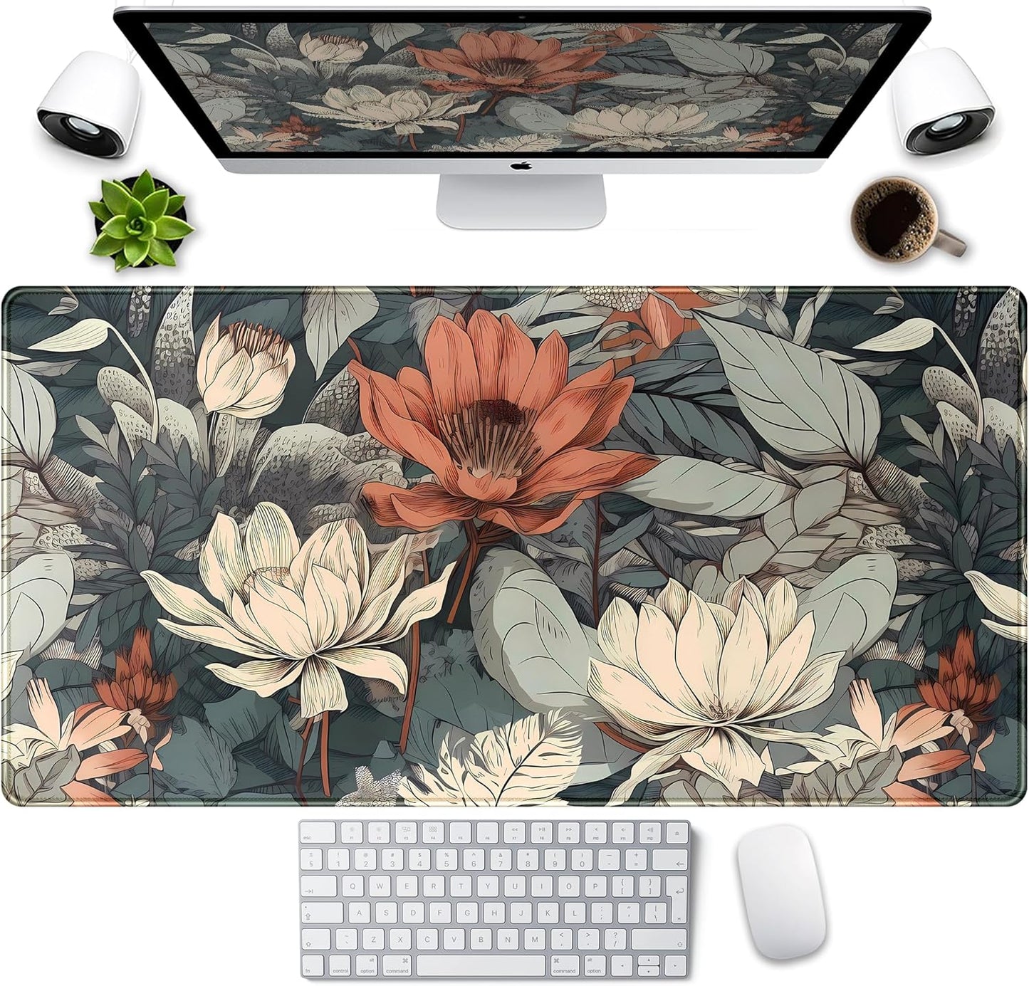 Vintage Floral Desk Mat XXL Large Gaming Mouse Pad Extended Desk Pad, Tropical Plants Laptop Keyboard Mouse Mat with Stitched Edges 31.5x15.75 in, Computer Mat Mousepad for desk Decor Office Gift