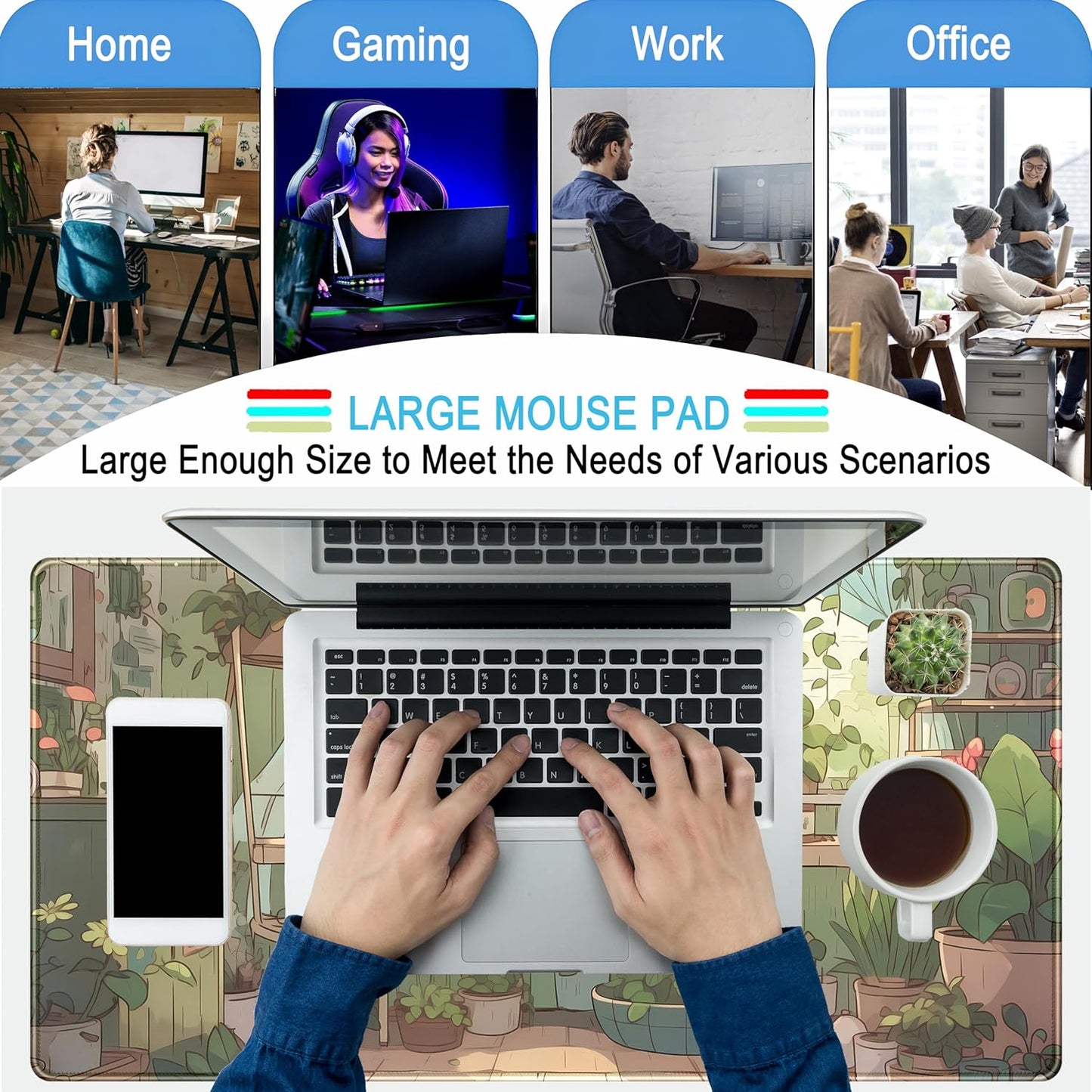 Cute Desk Mat Green Plants Gaming Mouse Pad XXL Large Extended Sage Laptop Keyboard and Mouse Mat with Stitched Edges, Computer Desktop Mat Playmat for Women Office Desk Decor Pad Mat 31.5x15.7 in