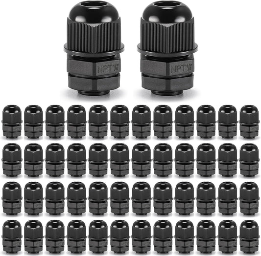 QILIPSU 50pcs 1/4" NPT Cable Gland Waterproof IP68 Nylon Cable Pass Through Cord Grip Connector Strain Relief Wire Grommet