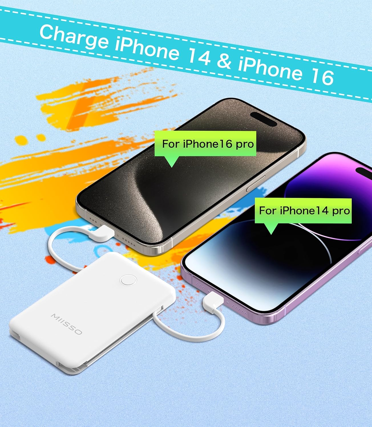 miisso 6000mah Ultra Slim Built in Cables Power Bank, Card Size Built in USB C Cords Battery Pack Portable Charger for Phones, 3 Output External Battery Pack Compatible with iPhone, Snow White