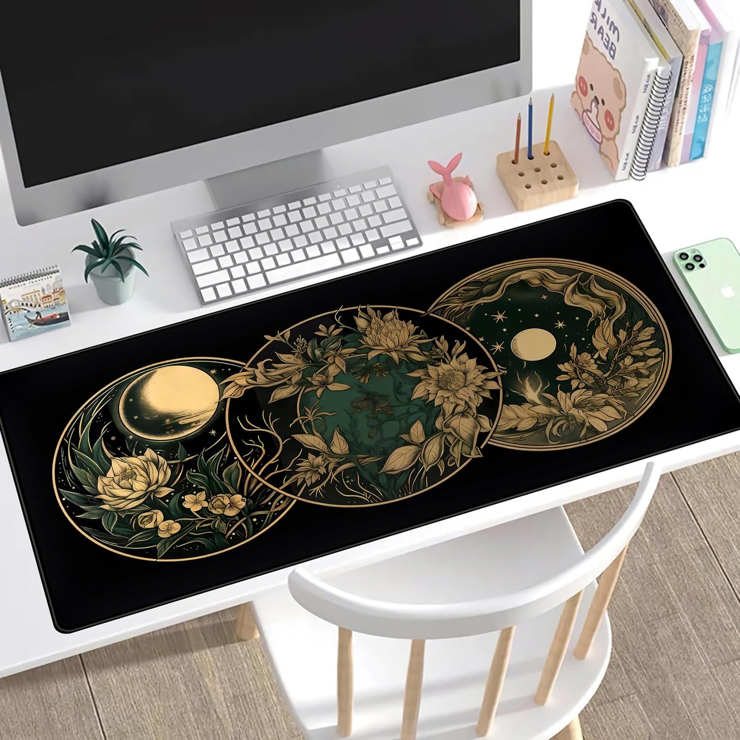Aesthetic Celestial Desk Mat Vintage Flowers Desk Pad Large Mouse Pad Gaming Mousepad Extended XXL Computer Mat 31.5x15.75 in, Cute Laptop Keyboard and Mouse Mat for Women Office Desk Decor Pad