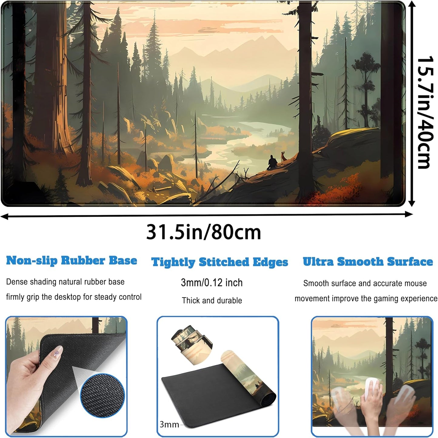 Desk Mat Gaming Desk Pad Valleys, Forest Mouse Pad XXL Extended Large Mouse and Keyboard Mat, Computer Desktop Mat with Non-Slip Base & Stitched Edges, Aesthetic Nature Desk Decor 31.5" x 15.7"