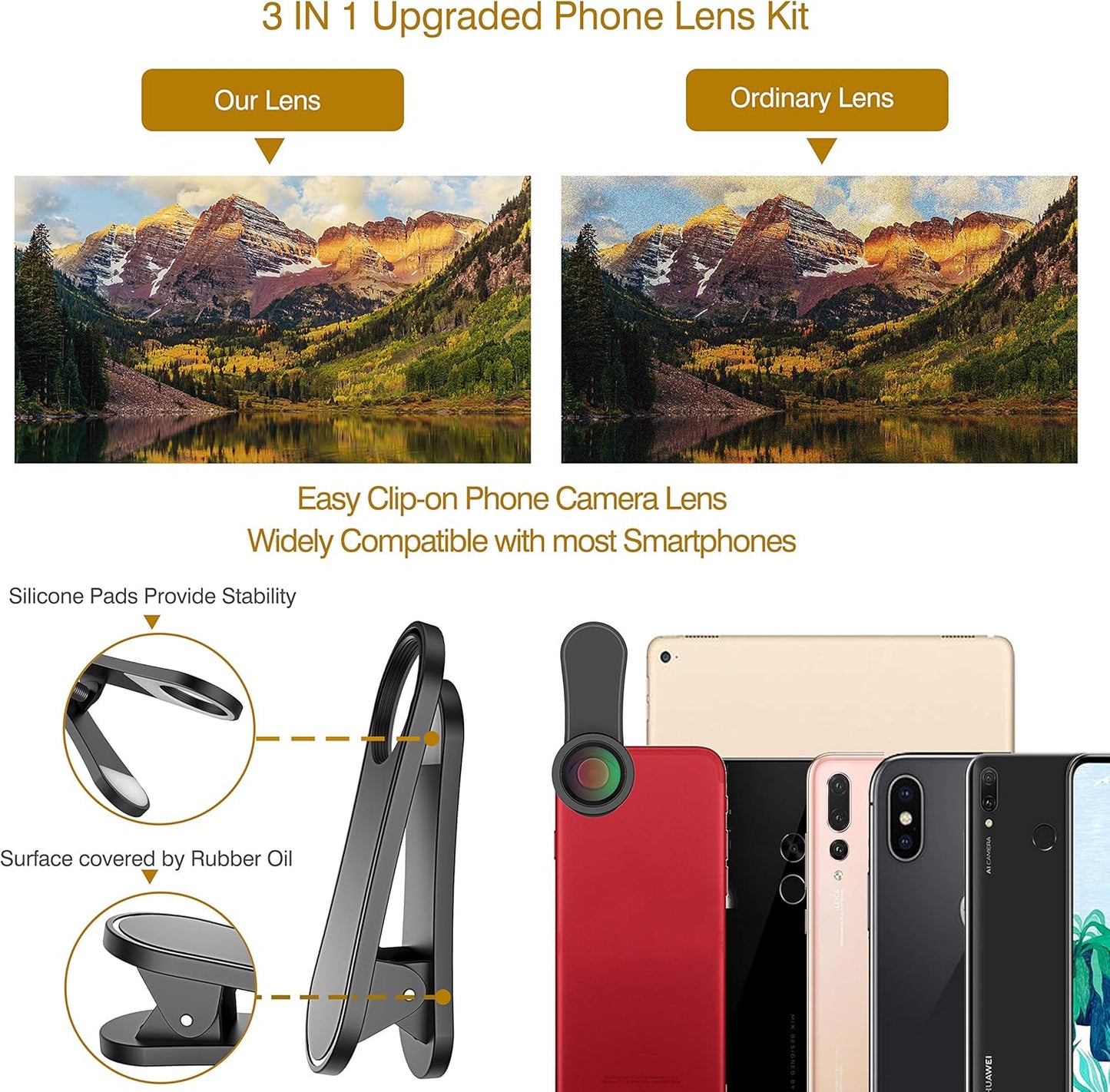 Phone Camera Lens,Upgraded 3 in 1 Phone Lens kit-198° Fisheye Lens + Macro Lens + 120° Wide Angle Lens,Clip on Cell Phone Lens Kit Compatible with Samsung Android Smartphones