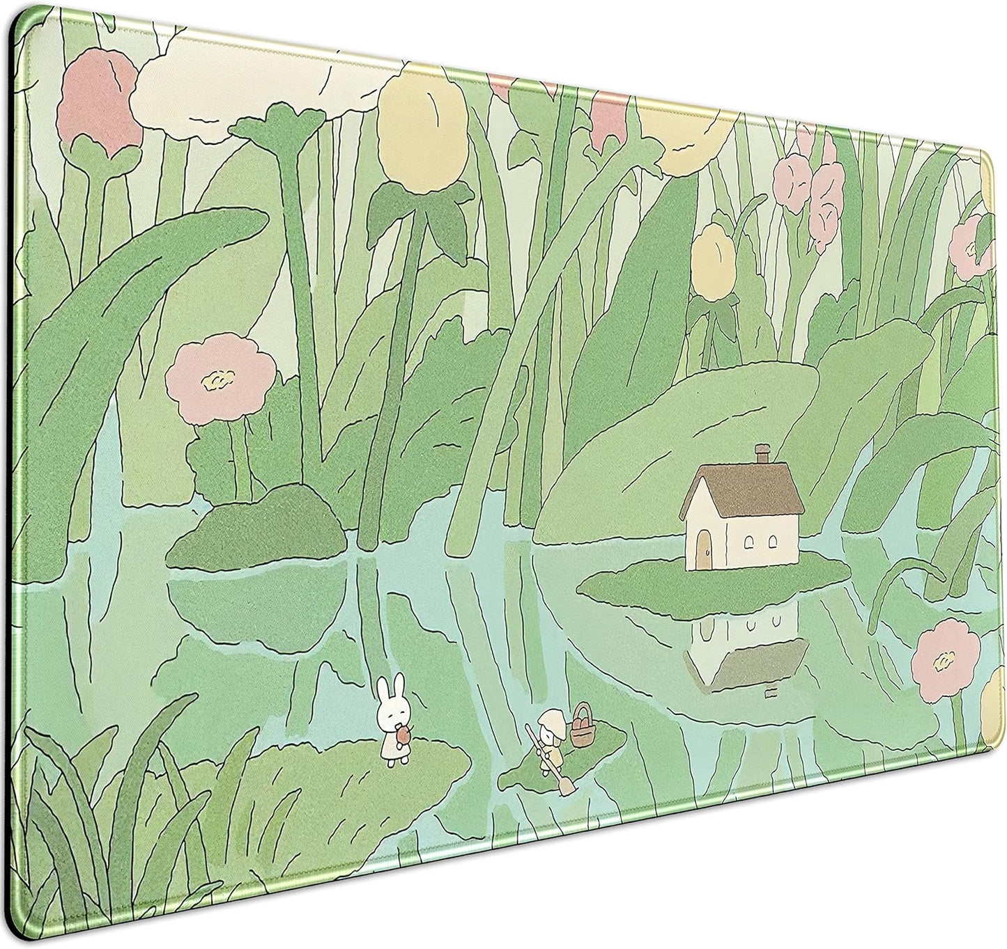 Kawaii Green Desk Mat Cute Mouse Pad Japanese, Flowers and Plants Keyboard Mat, Anime Aesthetics Large Mousepad XXL Gaming Desk Pad XL Office Home Decor for Women Girls Keyboard Pad 31.5"x15.75"