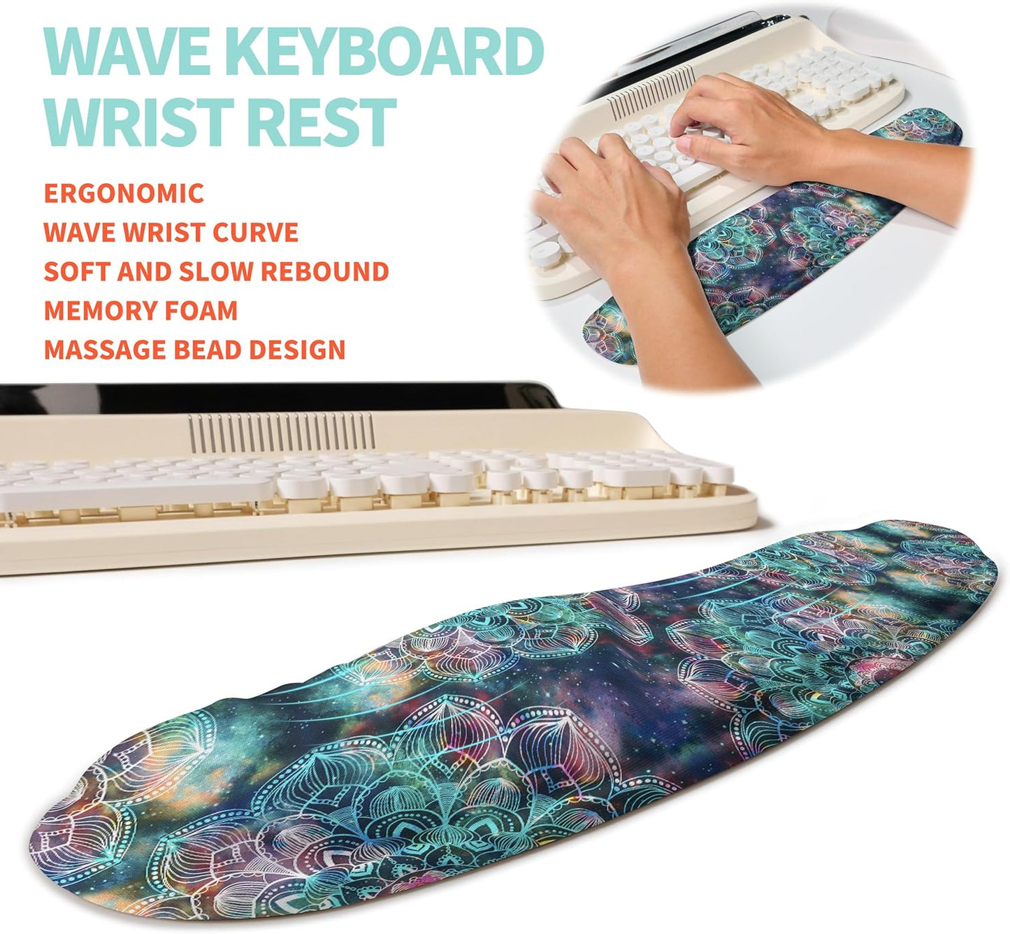 2-in-1 Ergonomic Set, Wave Rise Keyboard Wrist Rest and Massage Bulge Slope Mouse Pad Wrist Support, Cushion Memory Foam Integrated to Relieve Wrist Pain, Galaxy Mandala