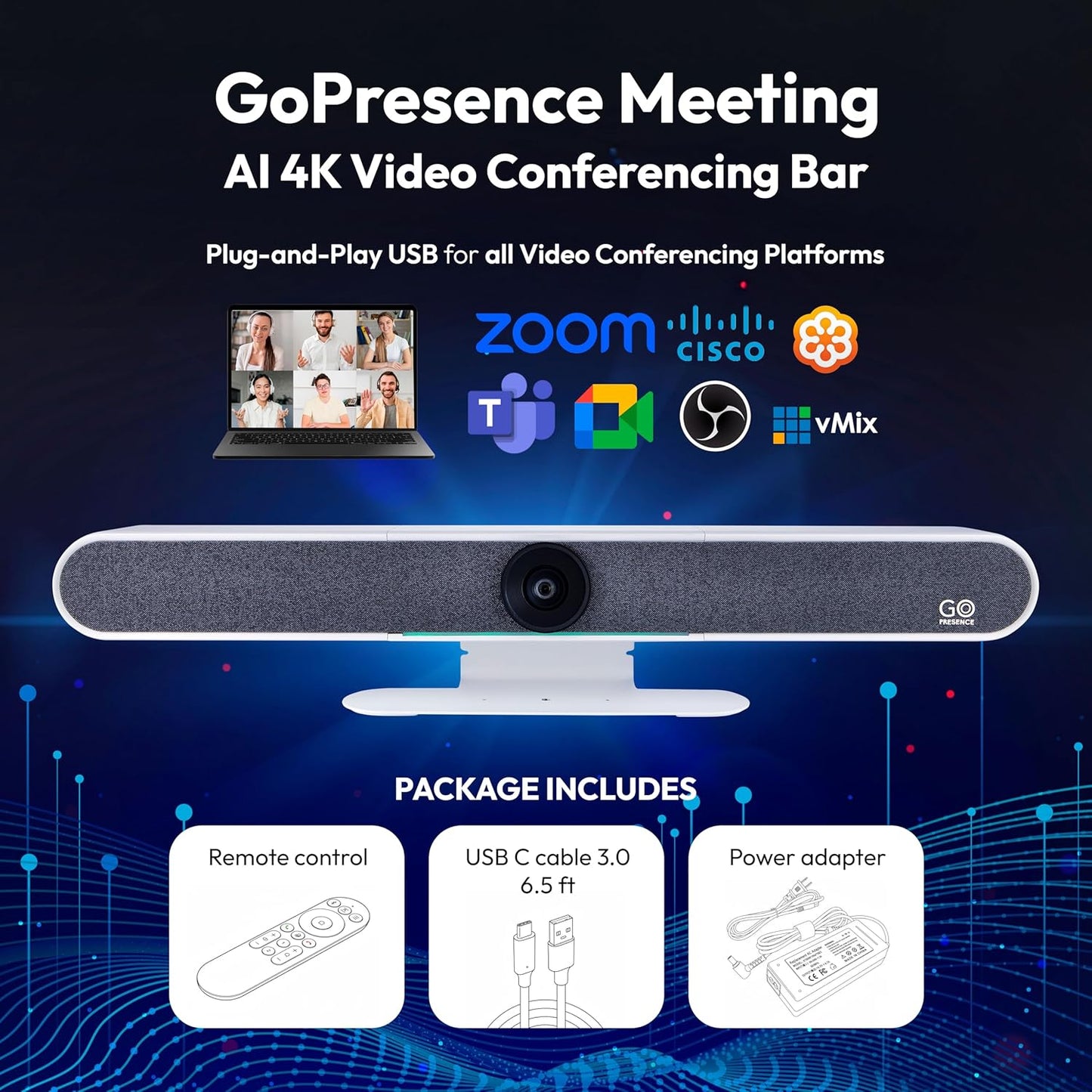 Meeting 4K Video Conferencing Bar – 4K Camera with 120° Wide-Angle Lens, AI Auto-Framing, 6 Mics with 20ft Pickup Range, Dual Speakers, Plug-and-Play USB for Zoom/Teams/Meet – Medium Rooms