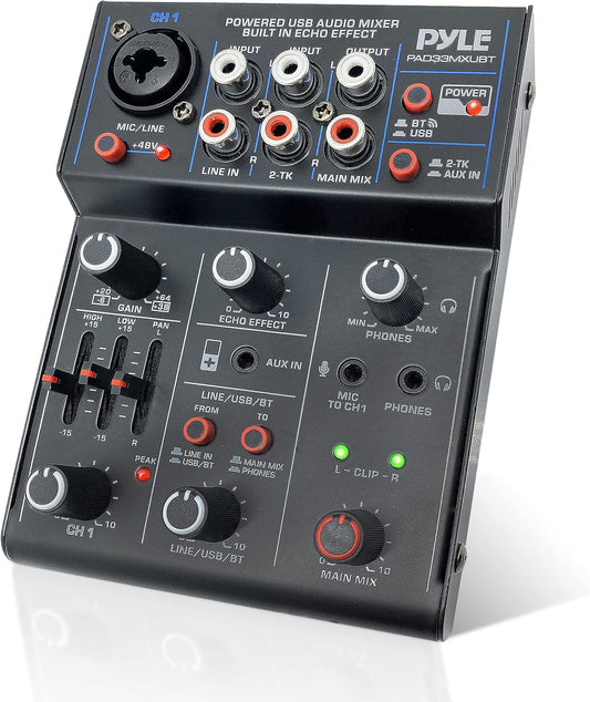 Pyle 3-Channel Professional Wireless DJ Audio Mixer - Bluetooth 5.0 - USB Interface - XLR+6.35mm Mic/Line/Guitar Input - 3.5mm Mic Input - RCA - AUX - Headphone Jack - +48V Phantom Power - PAD33MXUBT