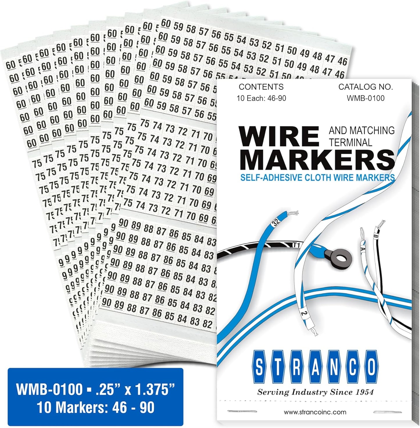 Premium Wire Marker Book for Cable Management, Vinyl-Coated, High-Tack Adhesive, Electric Panel Wire Label Stickers - 10 Pages, 1 Book, Numbered 46-90 (Pack of 10)