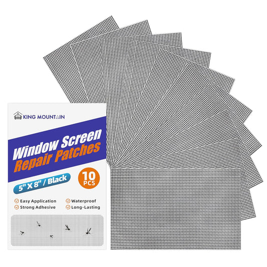 KING MOUNTAIN 10 Sheets Black Window Repair Patches, 58 in Repair Kit for Screen Tears Holes, Strong Adhesive Mesh Tape, Quick & Waterproof
