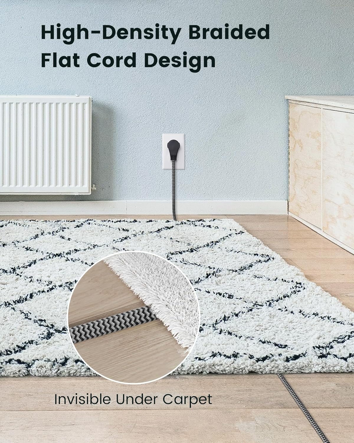 SURAIELEC 10FT 360° Rotating Flat Plug Extension Cord Flat Wall Plug with 3 Outlets, Braided Flat Black Extension Cord for Indoor Use, Small Space, 16/3C SPT, ETL Listed