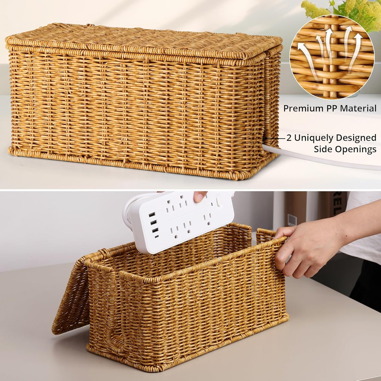 Large Cable Management Box, Handwoven Imitation Rattan Cord Organizer Cord Hider Box, Desk Cord Management Box to Hide Cords and Power Strips, 13.5" L x 6.2" W x 6" H, Natural