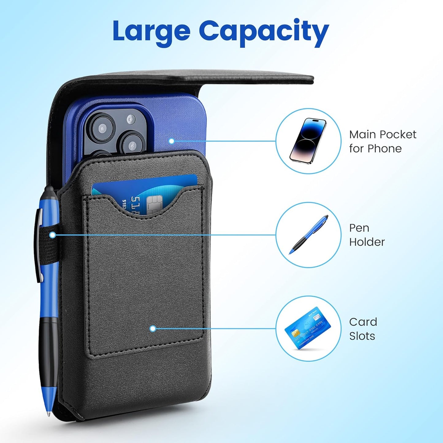 Mopaclle Vertical Phone Holster with Rotating Belt Clip, Compatible with iPhone 17 Pro, iPhone 16 15 14 13 12 Pro, Galaxy S25 S24 S23 S22 – Cell Phone Belt Holder for Men Women, Fits with Case On