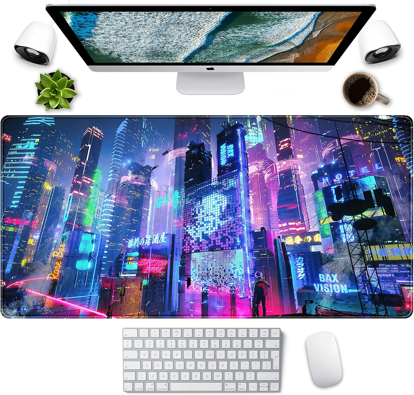 Japanese Street Desk Mat Futuristic Neon City Print Mouse Pad, Exclusive Desk Mats, XXL Large Gaming Mousepad 31.5"x15.75", Office Decor for Women Girls Keyboard Mat Laptop Computer Mat