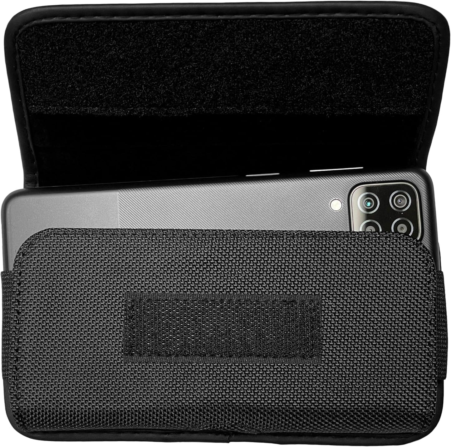 Nylon Cell Phone Holster for Cricket Vision Plus, Icon 2, Influence, Google Pixel 5a, 6, 6a, LG Harmony 4 G7 G8 K40 K22 - Horizontal Case Canvas Waist Carrying Pouch with Belt Clip/Loops, Black