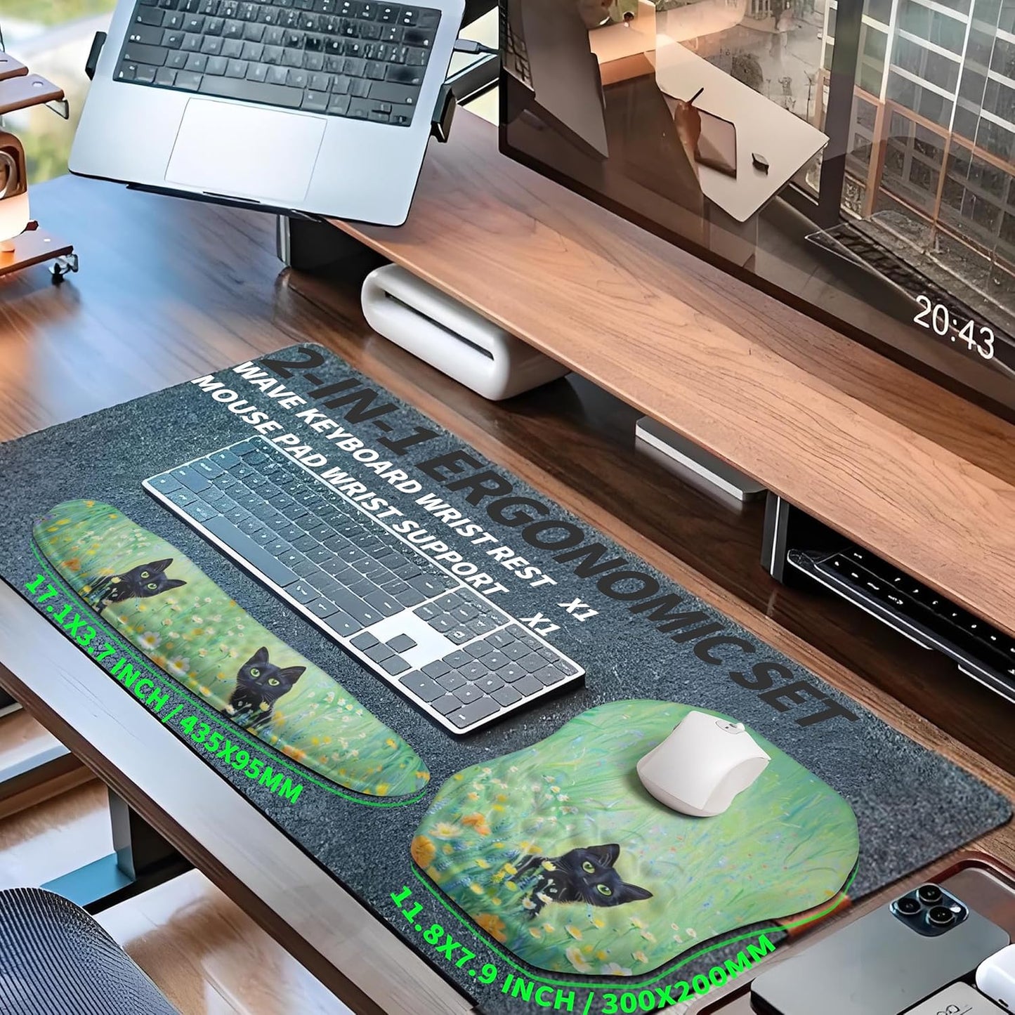 2-in-1 Ergonomic Set, Wave Keyboard Wrist Rest and Massage Slope Mouse Pad Wrist Support, Rebound Memory Foam for Relieve Carpal Tunnel Syndrome and Wrist Pain (Oil Painting Cats)