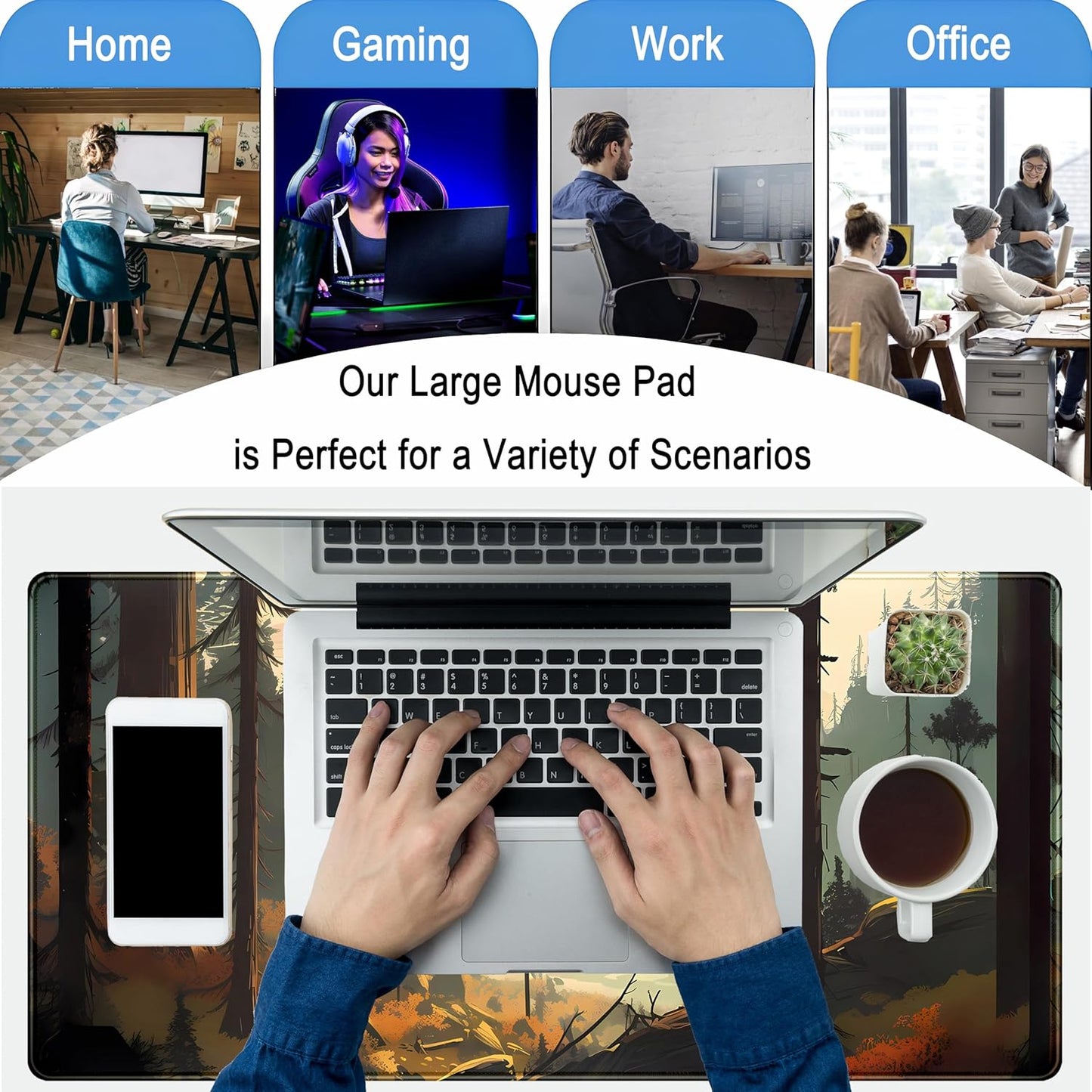 Desk Mat Gaming Desk Pad Valleys, Forest Mouse Pad XXL Extended Large Mouse and Keyboard Mat, Computer Desktop Mat with Non-Slip Base & Stitched Edges, Aesthetic Nature Desk Decor 31.5" x 15.7"