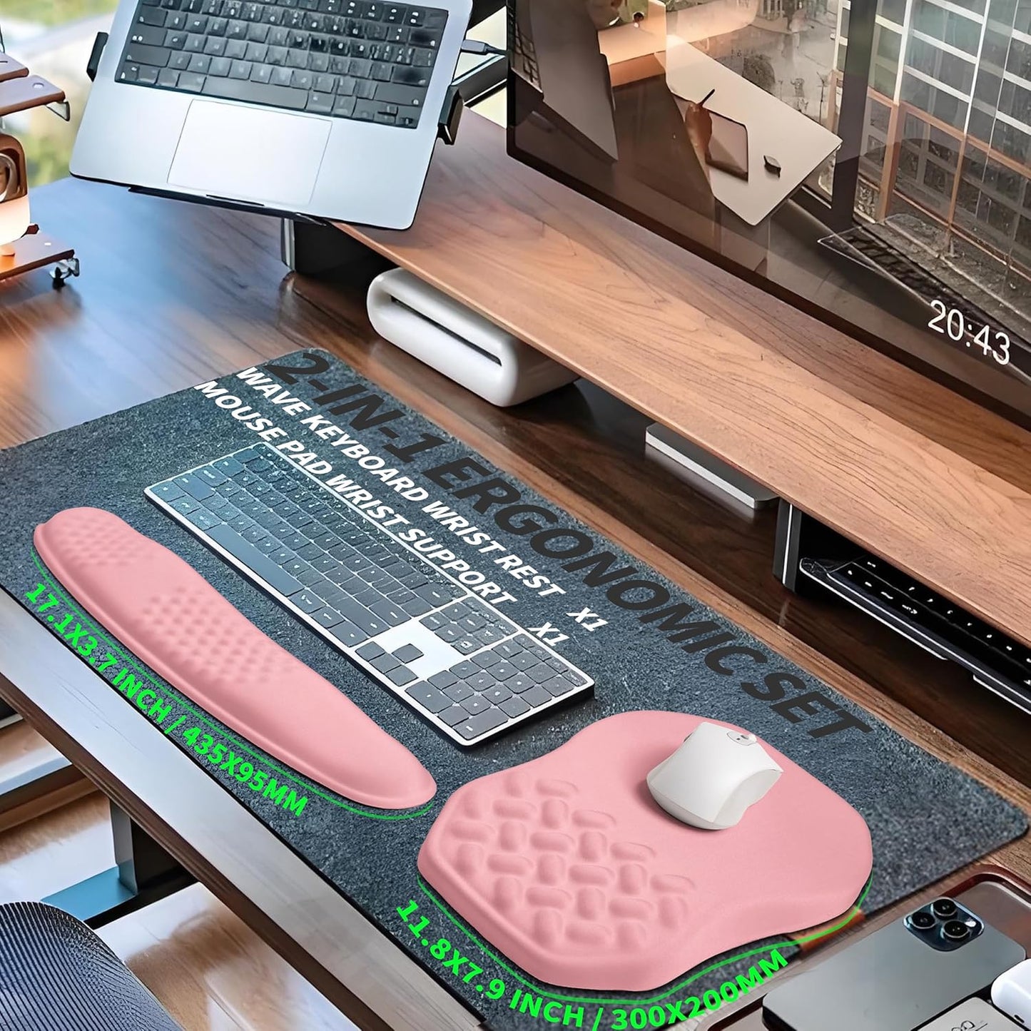 2-in-1 Ergonomic Set, Wave Keyboard Wrist Rest and Massage Slope Mouse Pad Wrist Support, Rebound Memory Foam for Relieve Carpal Tunnel Syndrome and Wrist Pain (Pink)