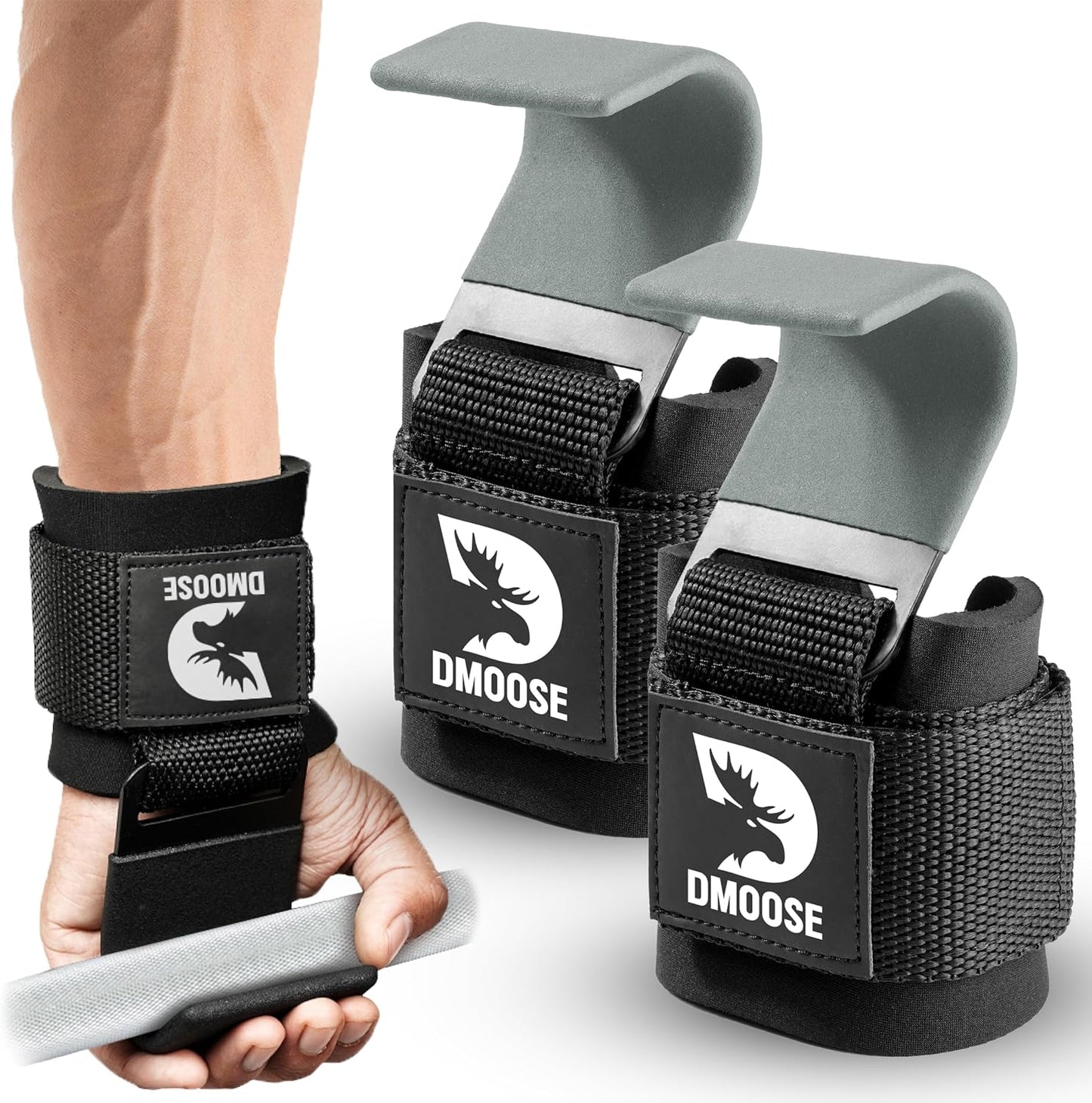 DMoose Fitness Weight Lifting Hooks (Pair) for Deadlifts, Pull Ups, Rows & Shrugs - Anti-Rip Nylon Strap Hand Grips with Thick Wrist Padding - Heavy Duty Wrist Straps for Weightlifting & Gym Workouts
