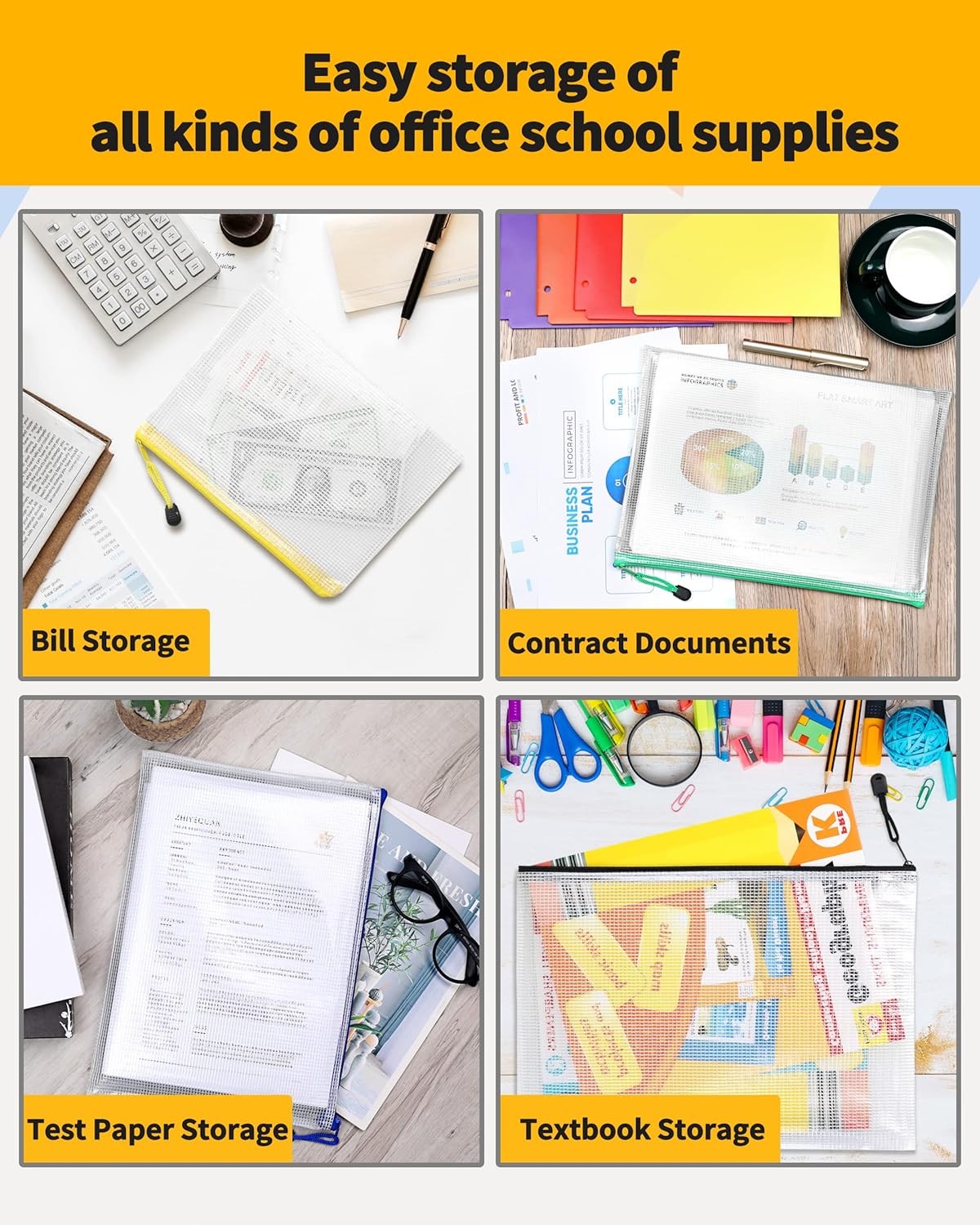 SUNEE Plastic Mesh Zipper Pouch 4.6x9.2 in (6 Colors, 12 Packs), Small Water-Resistant Zip Bag for School Office Supplies, Pencil Organizing Storage