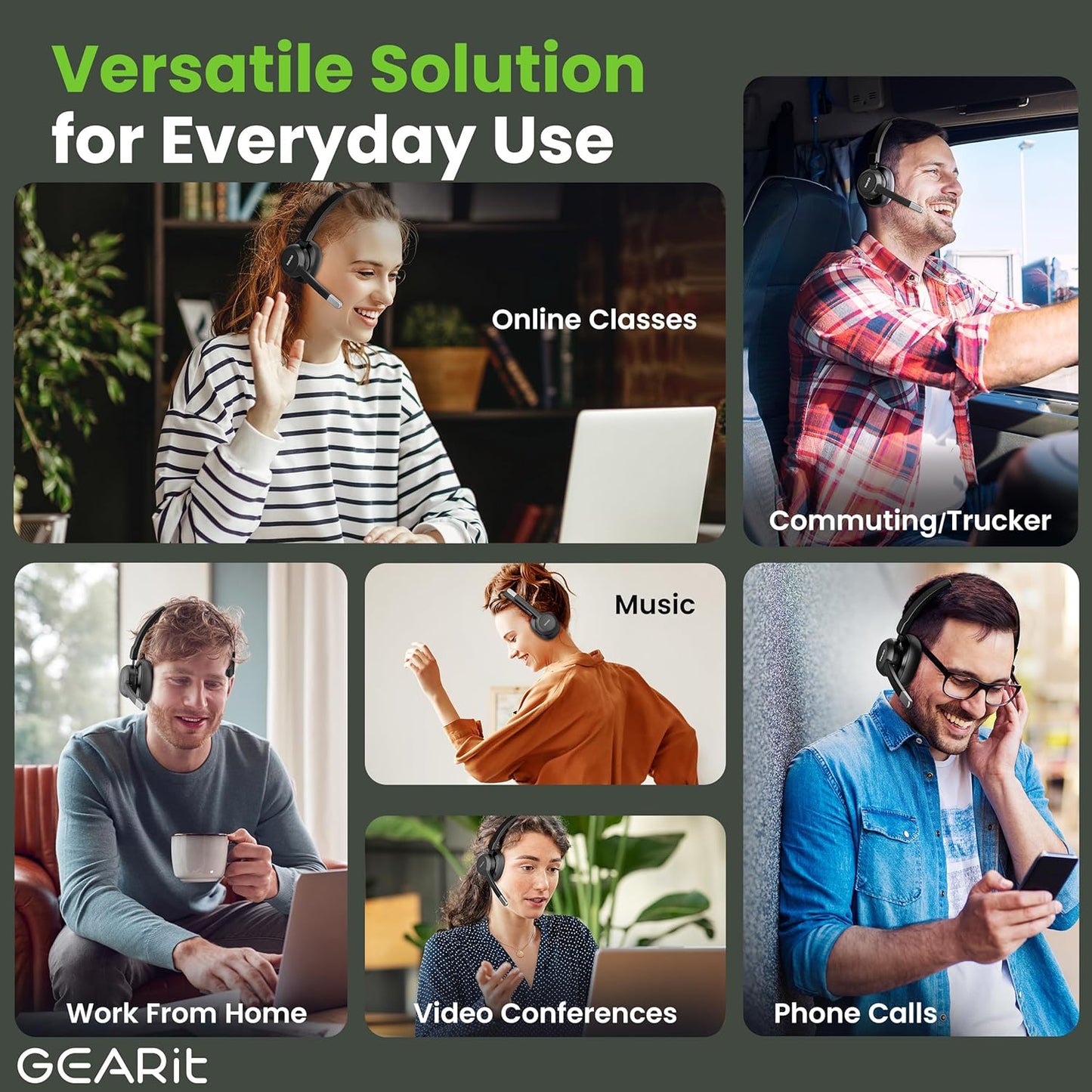 GEARit Wireless Bluetooth Headset with Mic - Multipoint Dual Connect, Noise Cancelling Trucker Headset for Phone Calls - All-Day Talk Time - Headphone with Microphone & Mute Button for Office Work