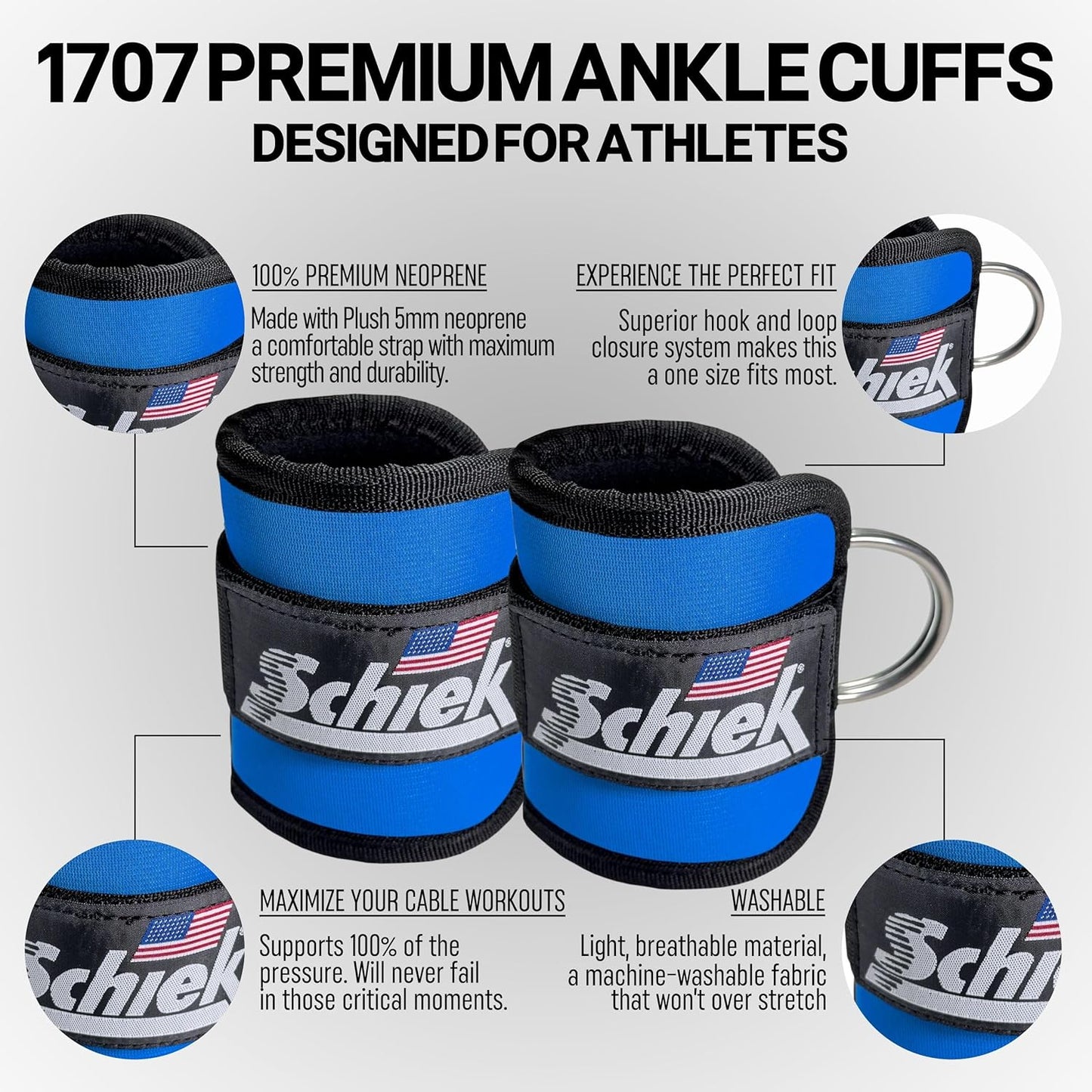 Schiek Sports 1707 Ankle Cuffs - Ideal for Glute Kickbacks and Cable Machine Workouts - Durable and Built To Last