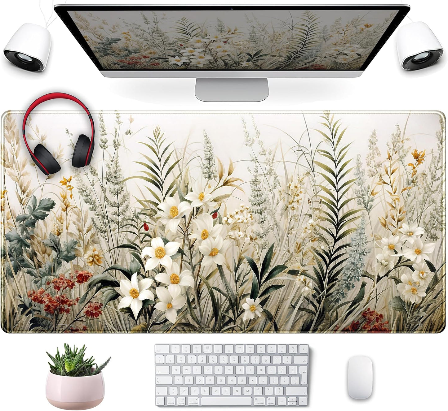 Beige Aesthetic Sage Desk Mat Cute Watercolor Flowers Mouse Pad Desk Pad, XXL Large Extended Gaming Anime Mousepad Big Keyboard Mouse Mat, Home Office Desktop Decor Deskpad for Women 31.5x15.75 in