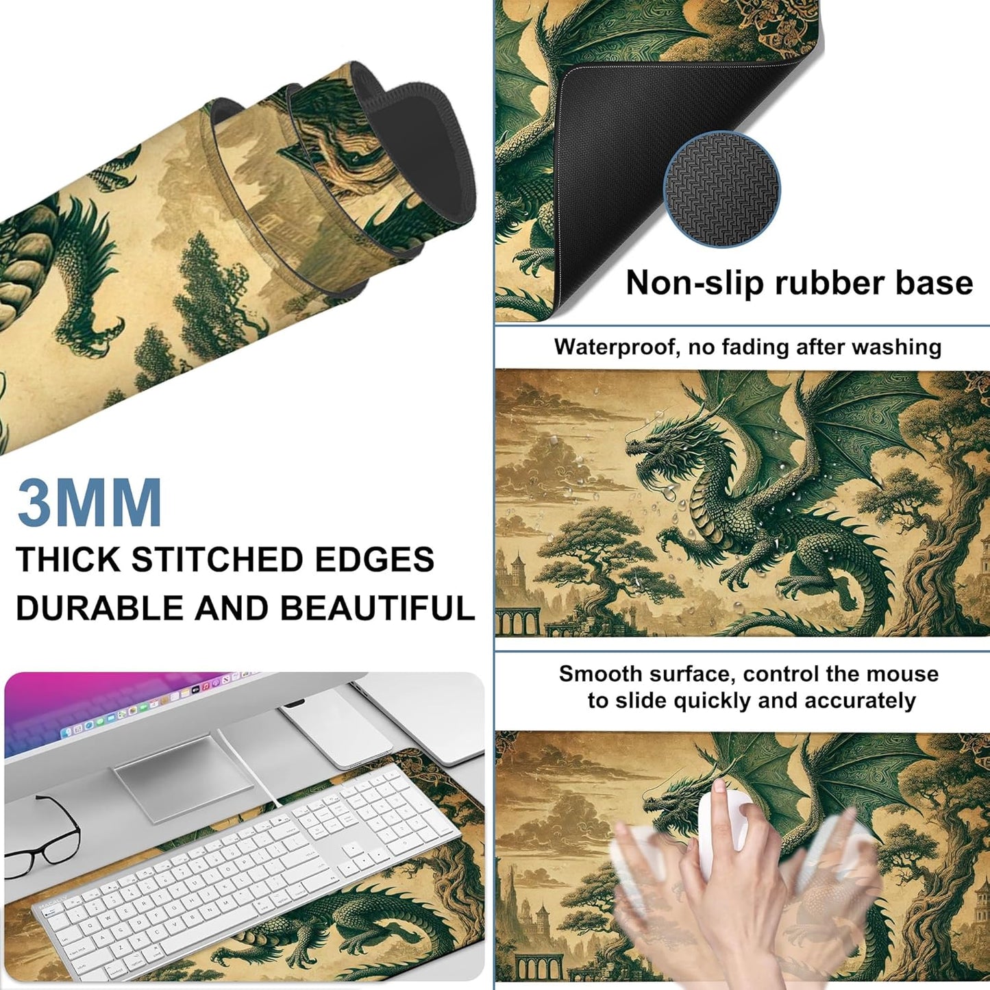 Vintage-Style Dragon Gaming Mouse Pad 3mm Thick Stitched Edge Waterproof Non-Slip Large Computer Keyboard Mouse Mat,Suitable for Office Entertainment Decorative Desk Pad 35.4 x 15.7 Inches