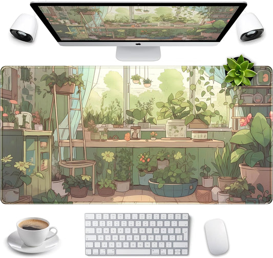 Cute Desk Mat Green Plants Gaming Mouse Pad XXL Large Extended Sage Laptop Keyboard and Mouse Mat with Stitched Edges, Computer Desktop Mat Playmat for Women Office Desk Decor Pad Mat 31.5x15.7 in