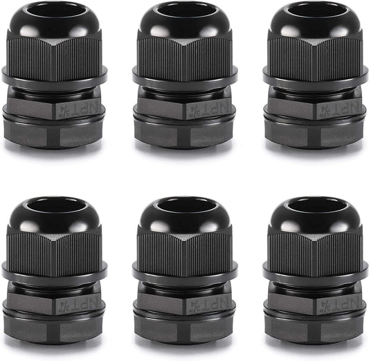 QILIPSU 6pcs 3/4" NPT Cable Gland Waterproof IP68 Nylon Cable Pass Through Cord Grip Connector Strain Relief Wire Grommet