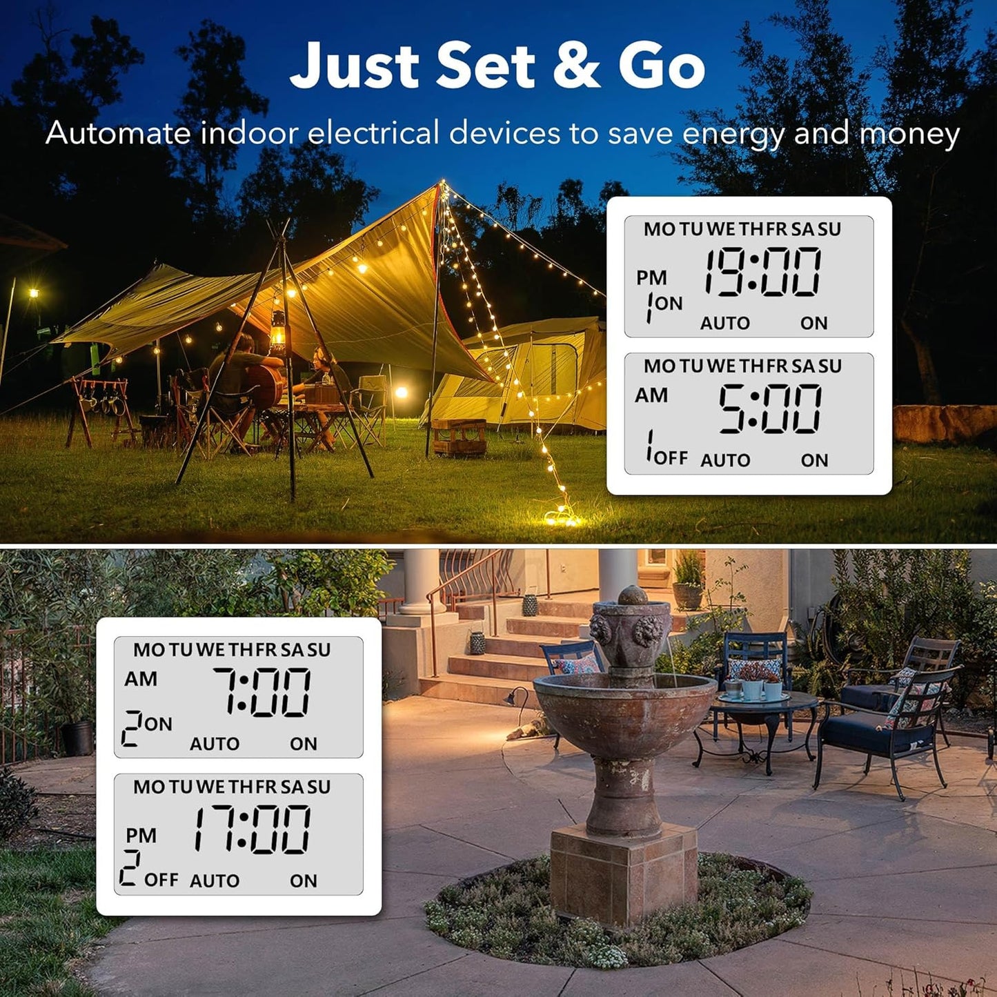 BN-LINK 7 Day Outdoor Heavy Duty Digital Programmable Timer, Outdoor Timer Outlet Waterproof, Grounded Electrical Outlets for Christmas Lights Lamps Ponds, 1875W 1/2HP, ETL Listed-2PACK